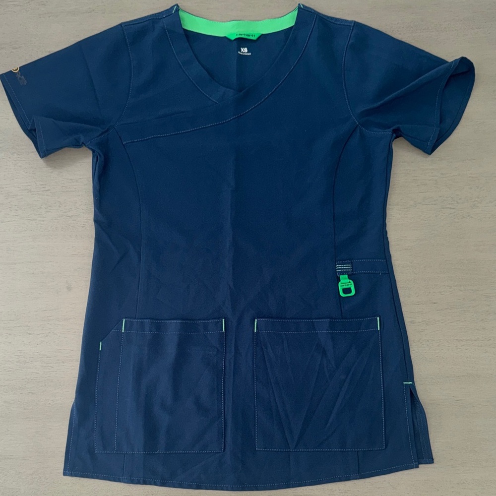 Carhartt Women's Navy Blue Top with Green Accents